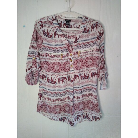 Rue21 Tops - Rue 21 Women's S Elephant Floral Design Tunic Top Gold Roll Tab Sleeve & Pockets